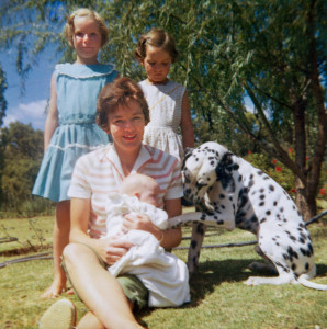 Emmie holding baby Kathy, with Mally, and Julia in Bryanston with Gambler the dalmation Emmie and the kids
